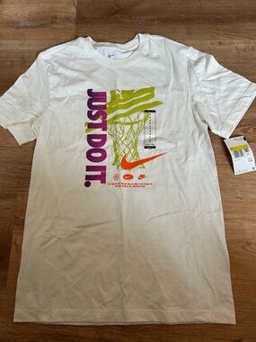 Nike White Tee with Purple Text, Neon Green Hoop & Orange Swoosh